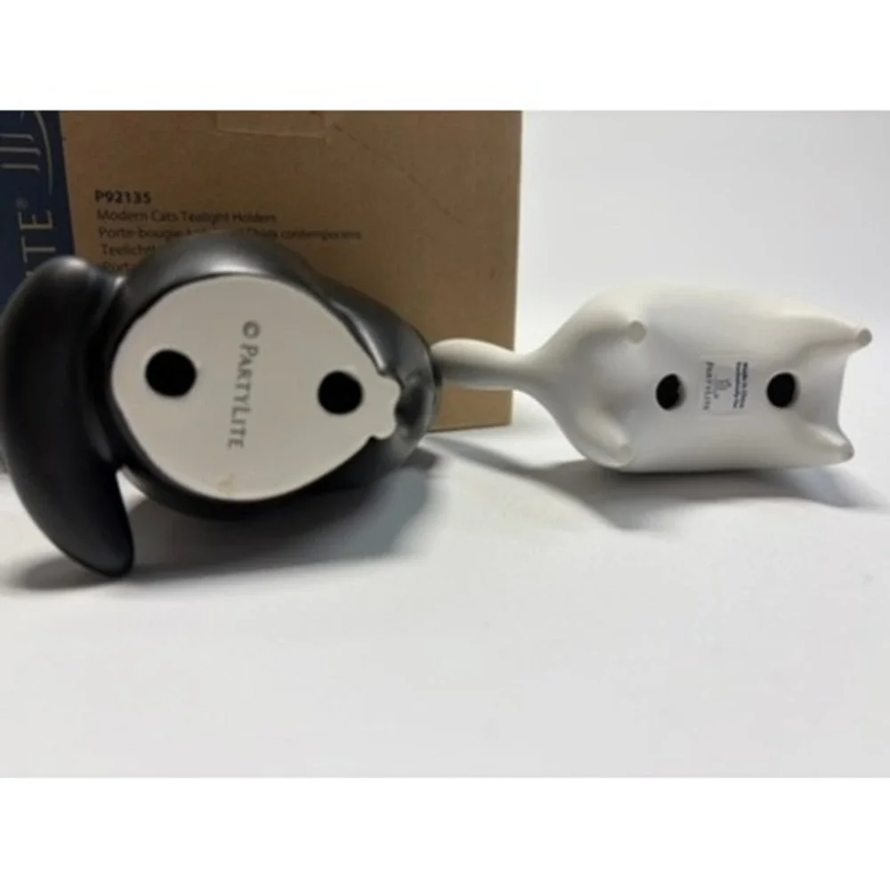 PartyLite‎ Modern Cat Tealight Holders Set of 2 Black White Ceramic w Box - Picture 8 of 14